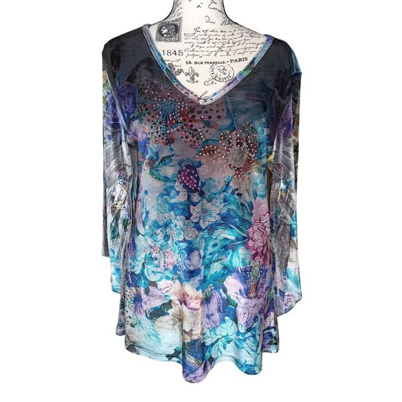 Susan Lawrence Medium Velvet Top Blouse, Flower Floral Embellished Purple Blue - Picture 1 of 4